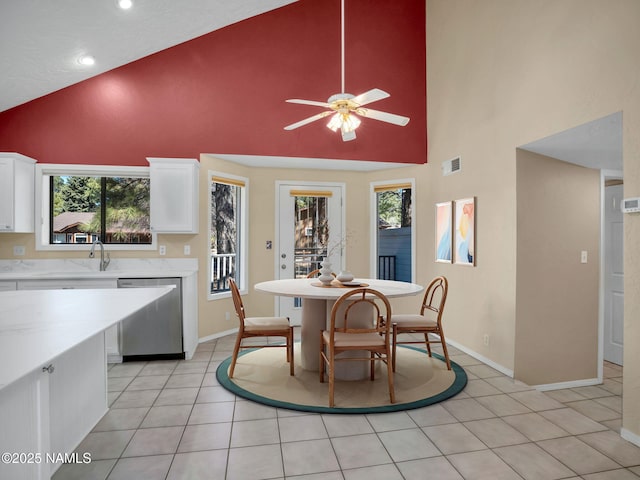 3792 E Ramble Wood Dr, Flagstaff, AZ 86004 - dining area with high vaulted ceiling, a ceiling fan, light tile patterned floors, plenty of natural light, and visible vents