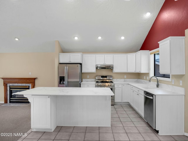 3792 E Ramble Wood Dr, Flagstaff, AZ 86004 - kitchen featuring stainless steel appliances, a kitchen island, under cabinet range hood, lofted ceiling, and a sink