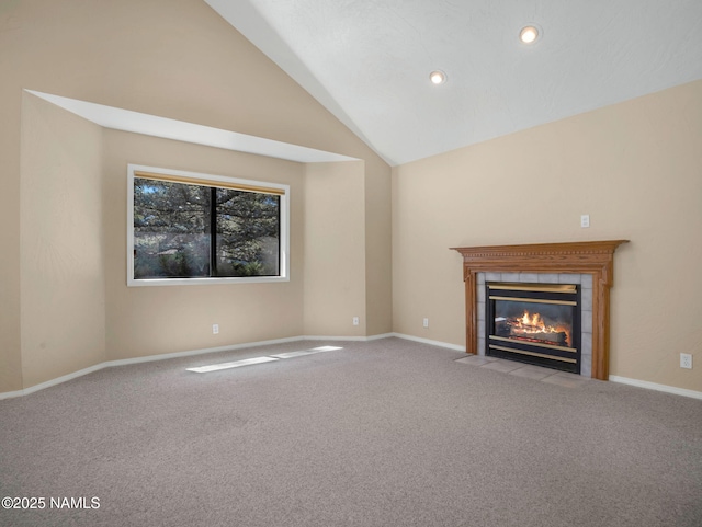 3792 E Ramble Wood Dr, Flagstaff, AZ 86004 - unfurnished living room with recessed lighting, high vaulted ceiling, baseboards, carpet floors, and a fireplace