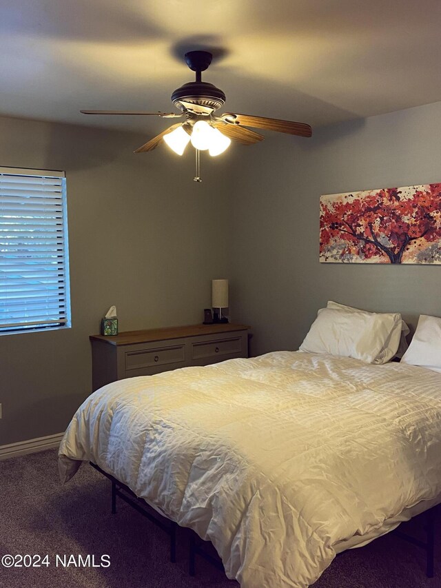 bedroom with ceiling fan and carpet floors