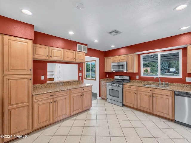 kitchen with sink, light stone counters, a healthy amount of sunlight, and appliances with stainless steel finishes