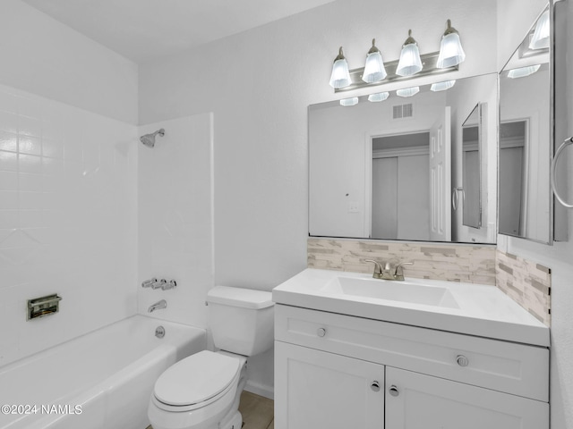 full bathroom with vanity, toilet, shower / bathtub combination, and decorative backsplash