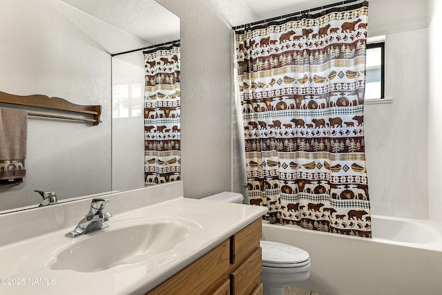 6162 Meadows Ln, Flagstaff, AZ 86004 - bathroom featuring toilet, shower / bath combo, vanity, and a textured wall