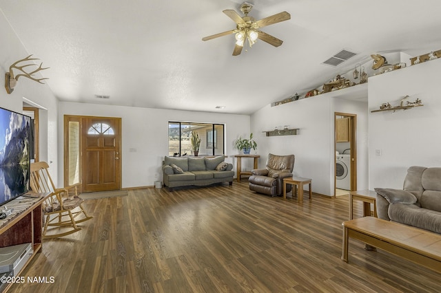 6162 Meadows Ln, Flagstaff, AZ 86004 - living area with washer / clothes dryer, wood finished floors, and visible vents