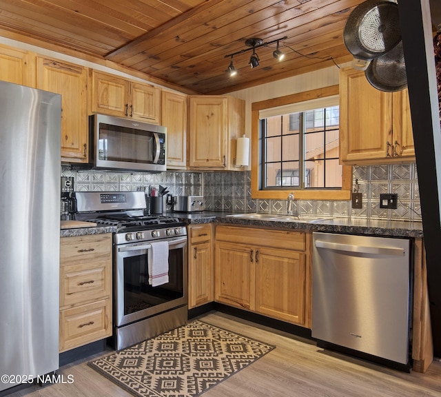kitchen featuring a sink, tasteful backsplash, wooden ceiling, and appliances with stainless steel finishes