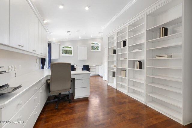 1430 E Puma Pl Unit F, Munds Park, AZ 86017 - office with built in desk, dark wood-type flooring, recessed lighting, crown molding, and built in shelves