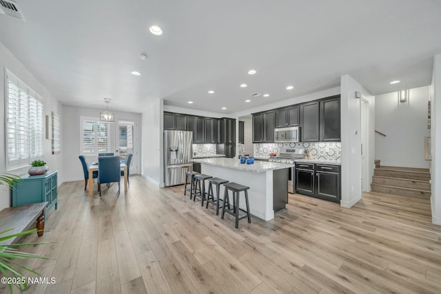 kitchen with tasteful backsplash, visible vents, a breakfast bar area, light wood-type flooring, and appliances with stainless steel finishes