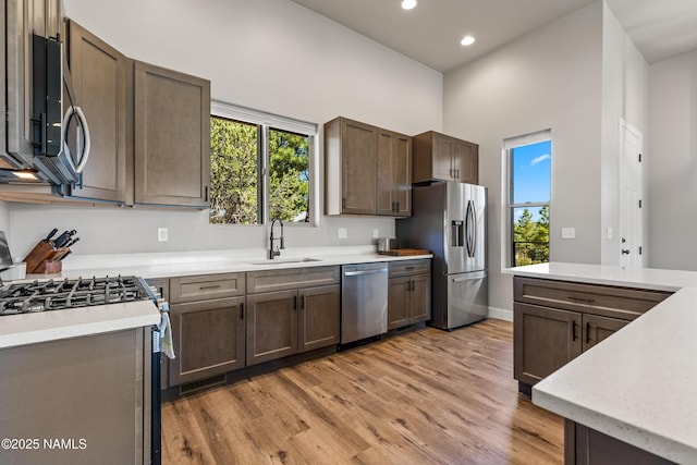 kitchen with stainless steel appliances, light countertops, light wood-style flooring, a sink, and plenty of natural light