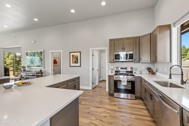 kitchen featuring appliances with stainless steel finishes, recessed lighting, light countertops, and a sink