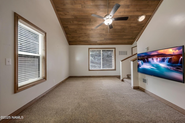 1200 S Riordan Ranch St Unit 36, Flagstaff, AZ 86001 - unfurnished living room with wood ceiling, light colored carpet, visible vents, and stairway