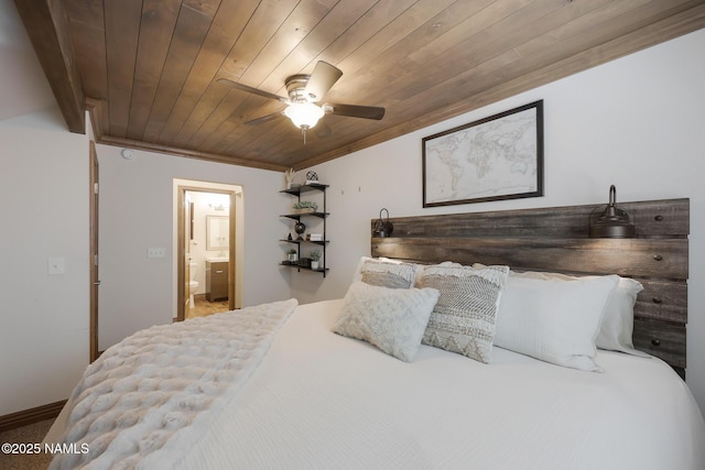 1200 S Riordan Ranch St Unit 36, Flagstaff, AZ 86001 - bedroom with ceiling fan, connected bathroom, and wood ceiling