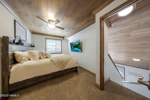 1200 S Riordan Ranch St Unit 36, Flagstaff, AZ 86001 - bedroom with ceiling fan, carpet, visible vents, wooden ceiling, and baseboards