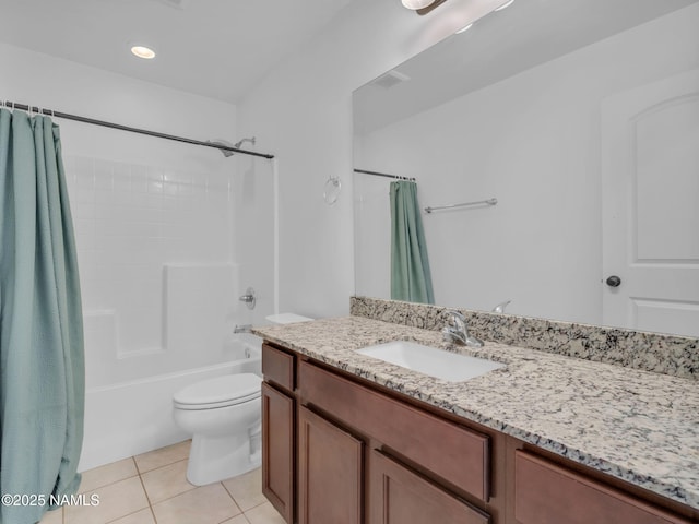 4580 Centaurus Rd, Bellemont, AZ 86015 - bathroom featuring shower / bath combination with curtain, toilet, vanity, and tile patterned floors