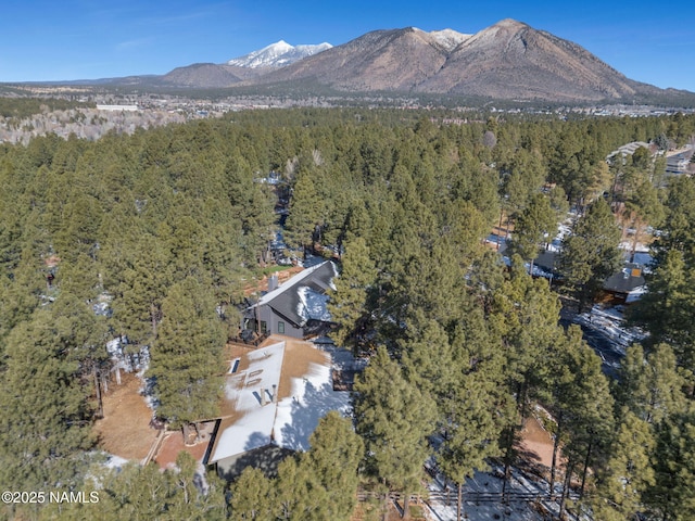 aerial view with a mountain view and a wooded view