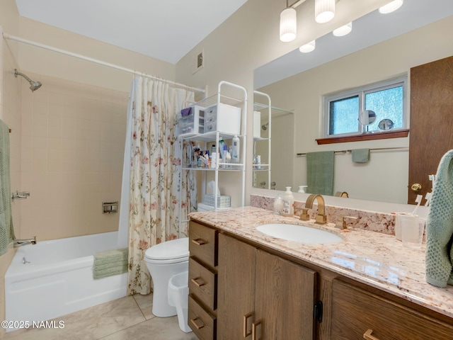 full bath featuring toilet, visible vents, vanity, tile patterned floors, and shower / bathtub combination with curtain