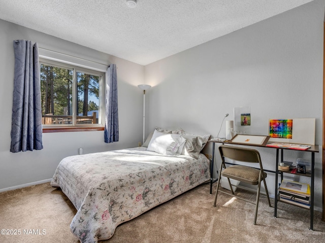 bedroom featuring carpet floors, a textured ceiling, and baseboards