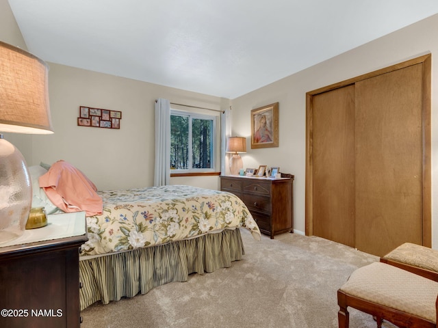 bedroom with a closet and light colored carpet