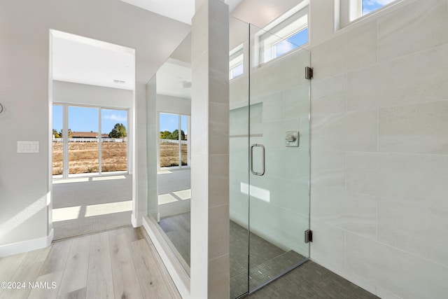 bathroom with a shower with shower door and hardwood / wood-style floors