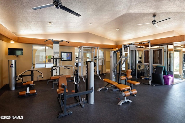 exercise room with lofted ceiling, a textured ceiling, and ceiling fan