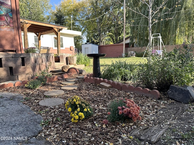 view of yard featuring a shed