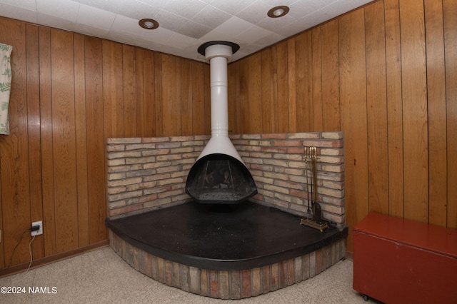 details featuring a wood stove, carpet, and wood walls