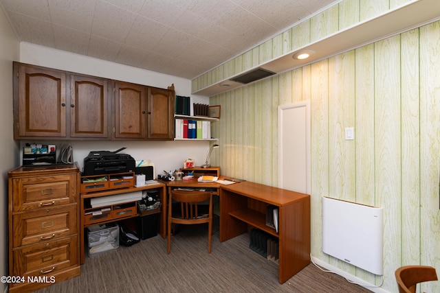 office area with radiator heating unit and wooden walls