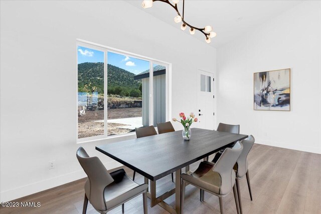 dining room featuring wood-type flooring, a mountain view, a wealth of natural light, and a notable chandelier