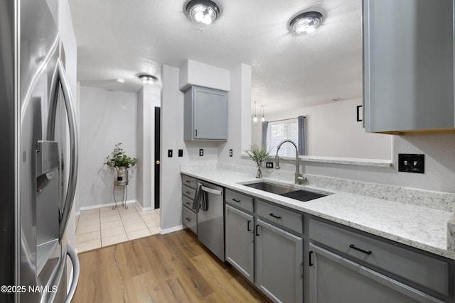 6437 N Conrad Ln, Flagstaff, AZ 86004 - kitchen featuring appliances with stainless steel finishes, gray cabinets, a sink, wood finished floors, and a textured ceiling