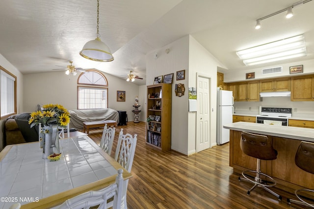 kitchen with lofted ceiling, light countertops, electric range, freestanding refrigerator, and open floor plan