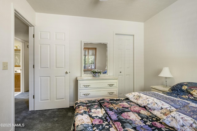 bedroom featuring dark colored carpet