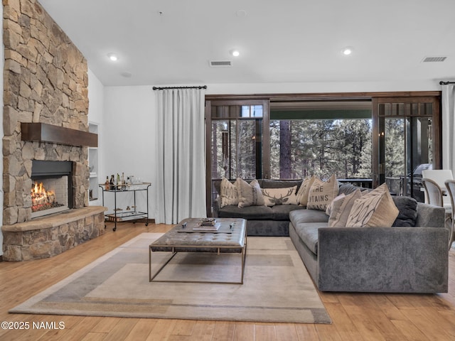 living room featuring a fireplace and light wood-type flooring