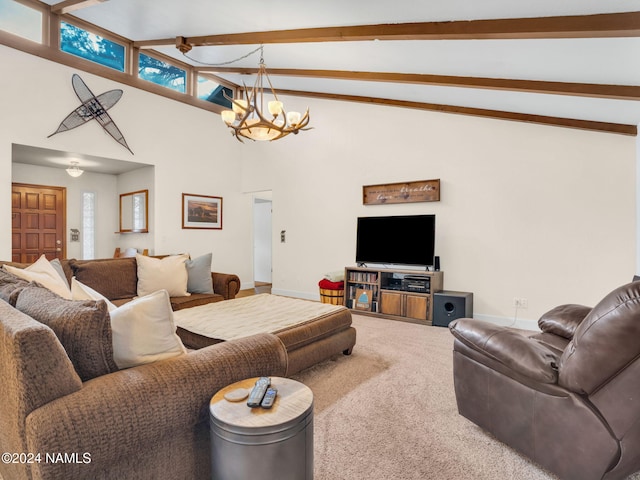 974 W Coy Dr, Flagstaff, AZ 86005 - carpeted living room with a notable chandelier, beamed ceiling, and high vaulted ceiling