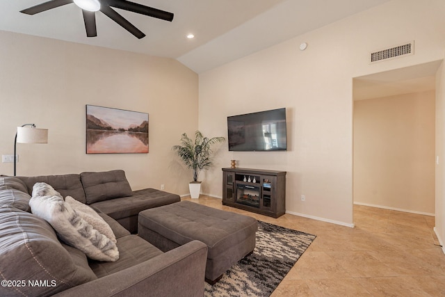 living room featuring lofted ceiling and ceiling fan