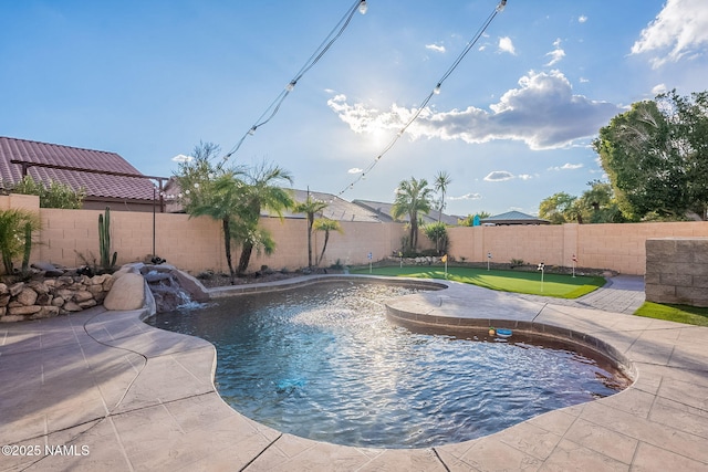 view of pool featuring a patio and pool water feature