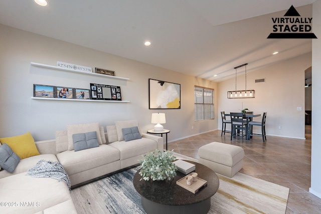 living room with lofted ceiling