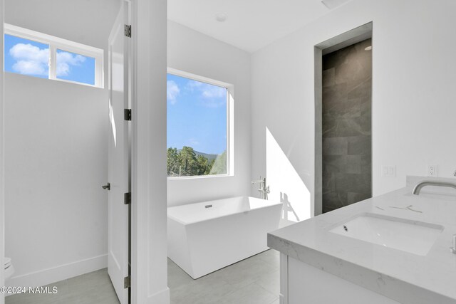 bathroom featuring a bathing tub, tile patterned flooring, and vanity