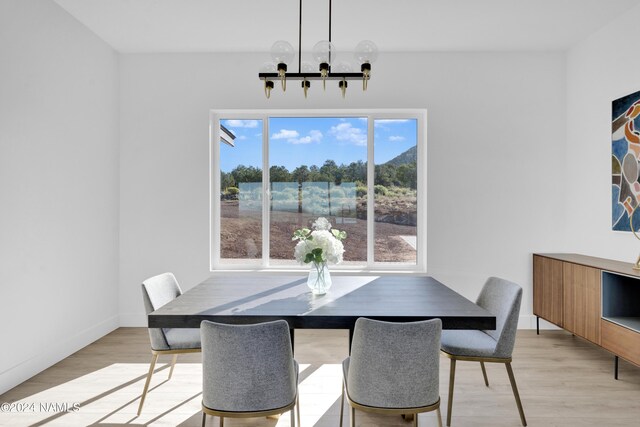 dining room with light hardwood / wood-style floors and a notable chandelier