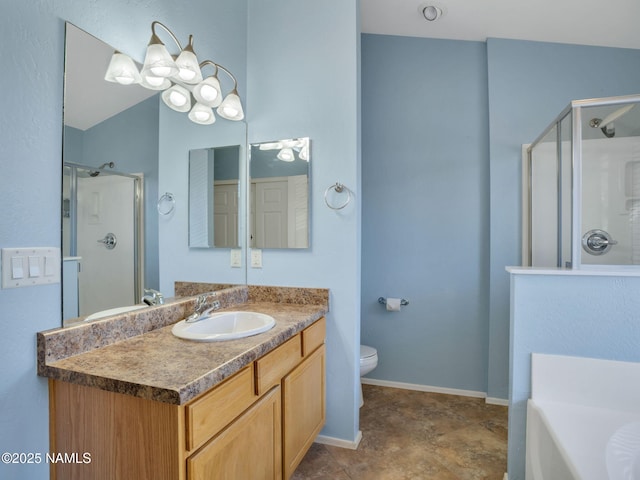 full bath featuring a stall shower, baseboards, toilet, vanity, and a bath