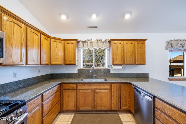 6120 E Treadway Trl, Flagstaff, AZ 86004 - kitchen featuring a sink, appliances with stainless steel finishes, plenty of natural light, brown cabinets, and vaulted ceiling