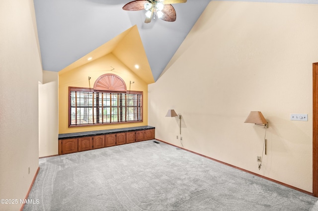 3130 Tina Ln, Flagstaff, AZ 86001 - unfurnished living room with ceiling fan, carpet flooring, lofted ceiling, and recessed lighting