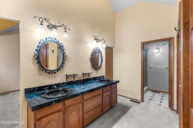 3130 Tina Ln, Flagstaff, AZ 86001 - bathroom featuring lofted ceiling, double vanity, and an enclosed shower