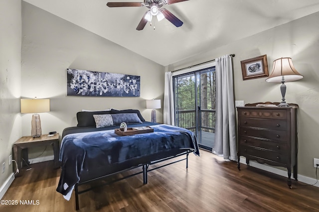 2929 Kletha Trl, Flagstaff, AZ 86005 - bedroom featuring access to exterior, wood finished floors, vaulted ceiling, baseboards, and ceiling fan