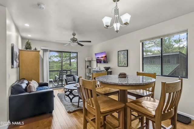 2929 Kletha Trl, Flagstaff, AZ 86005 - dining space featuring a chandelier, light wood-style flooring, ceiling fan, and recessed lighting