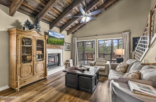 2929 Kletha Trl, Flagstaff, AZ 86005 - living room featuring wood ceiling with exposed beams, high vaulted ceiling, a glass covered fireplace, dark wood-style flooring, and a ceiling fan