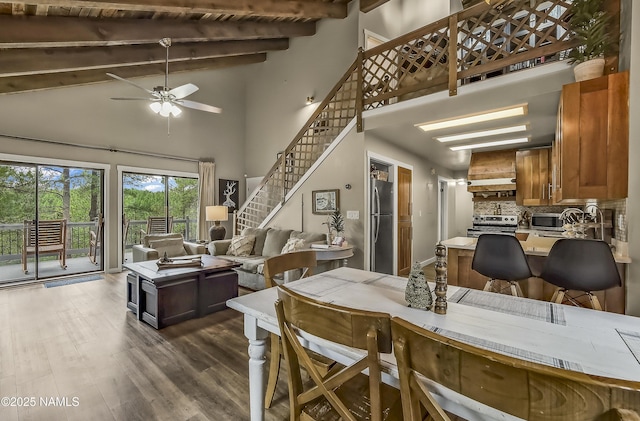 2929 Kletha Trl, Flagstaff, AZ 86005 - dining room featuring ceiling fan, high vaulted ceiling, dark wood-style floors, stairway, and beam ceiling