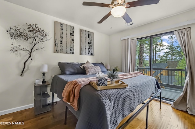 2929 Kletha Trl, Flagstaff, AZ 86005 - bedroom featuring access to outside, wood finished floors, baseboards, and ceiling fan