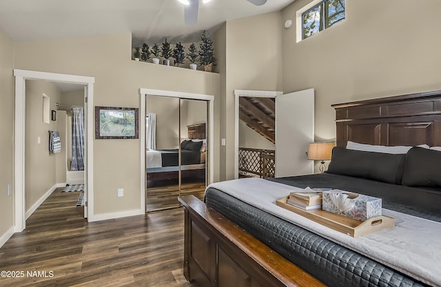 2929 Kletha Trl, Flagstaff, AZ 86005 - bedroom featuring dark wood-style floors, a closet, baseboards, and high vaulted ceiling