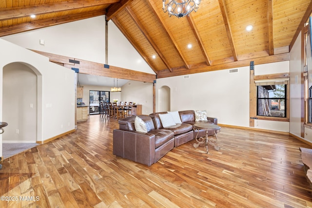 living room featuring a notable chandelier, light hardwood / wood-style flooring, and wooden ceiling