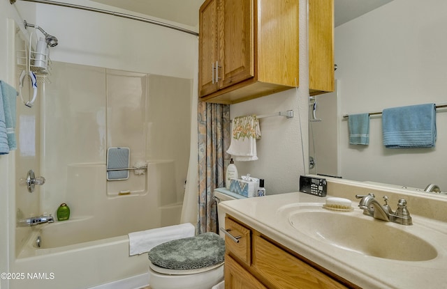bathroom with vanity, toilet, and shower / bath combination with curtain