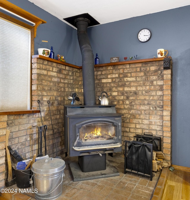 room details featuring a wood stove